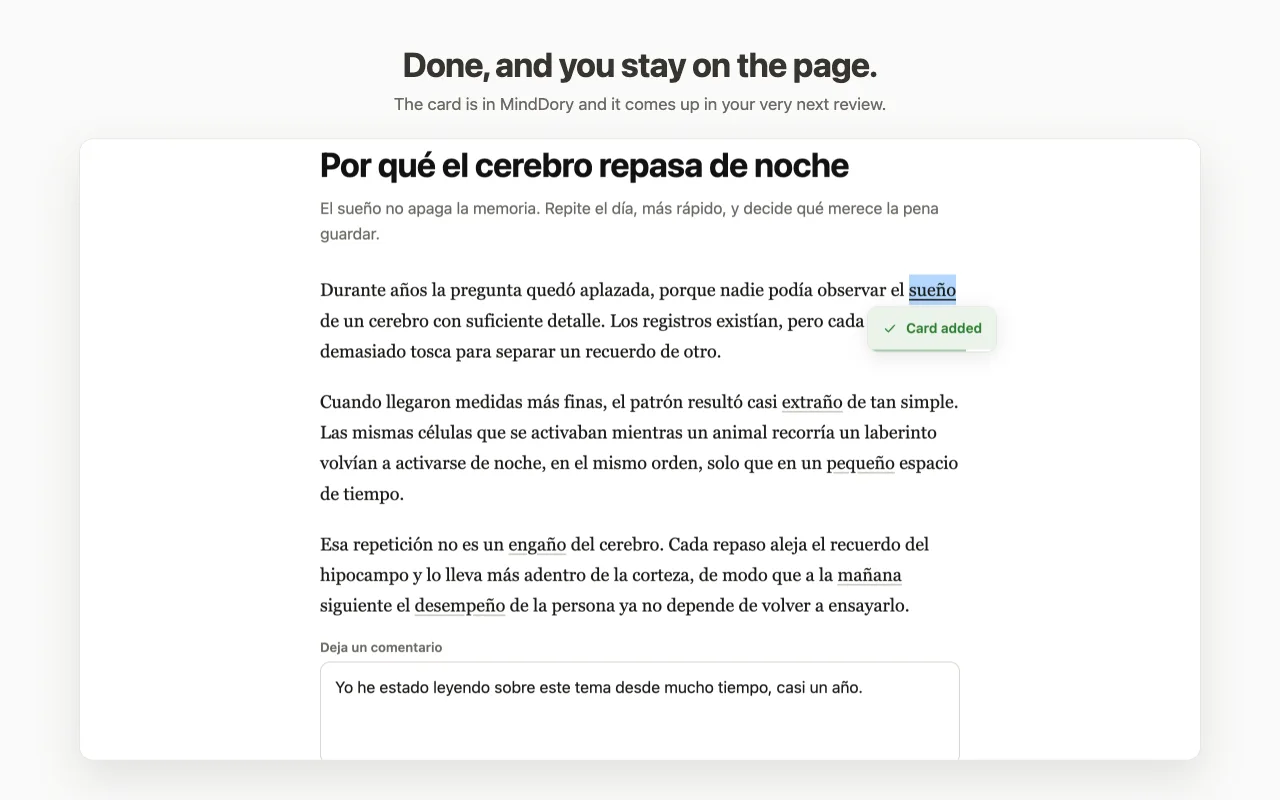 A Card added confirmation shown on the page after saving a word, while the article stays open.