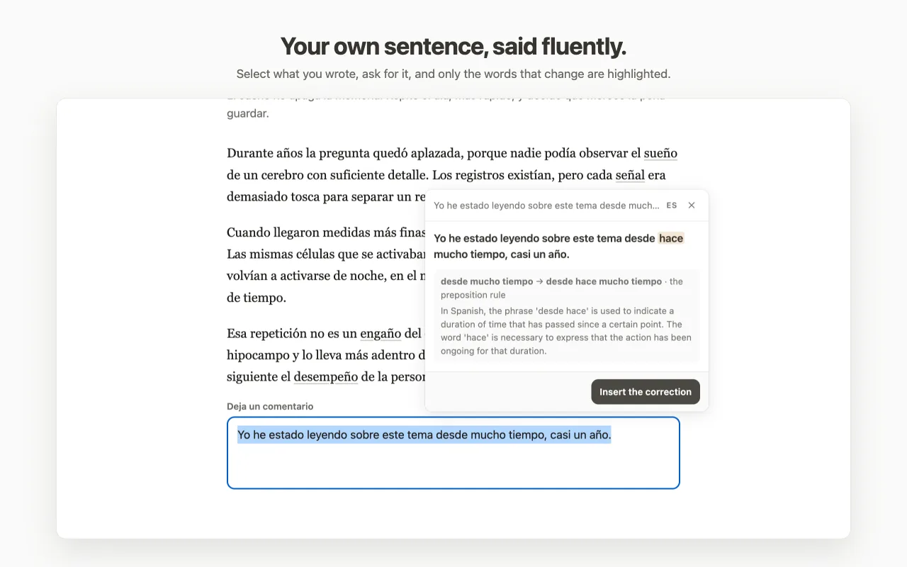 A Spanish sentence selected in a comment box, with the bubble showing the corrected sentence, the one changed word highlighted, a short explanation and an Insert the correction button.