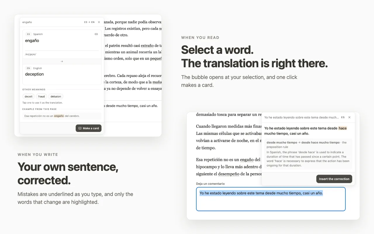 The MindDory extension on a Spanish article: a bubble with the translation of a selected word, and a corrected sentence in a comment box.