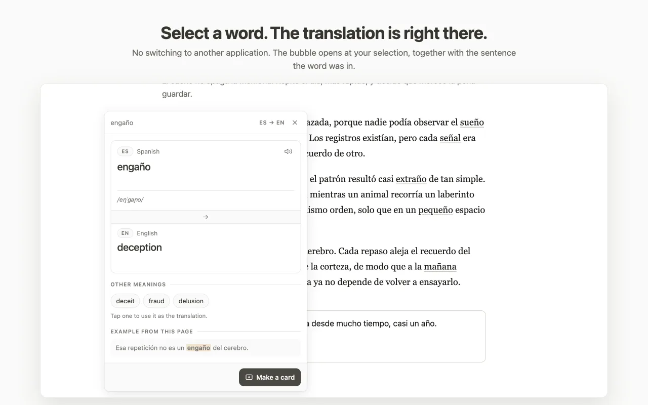 A bubble next to the selected Spanish word engaño, showing the English translation deception, other meanings, the sentence from the page and a Make a card button.